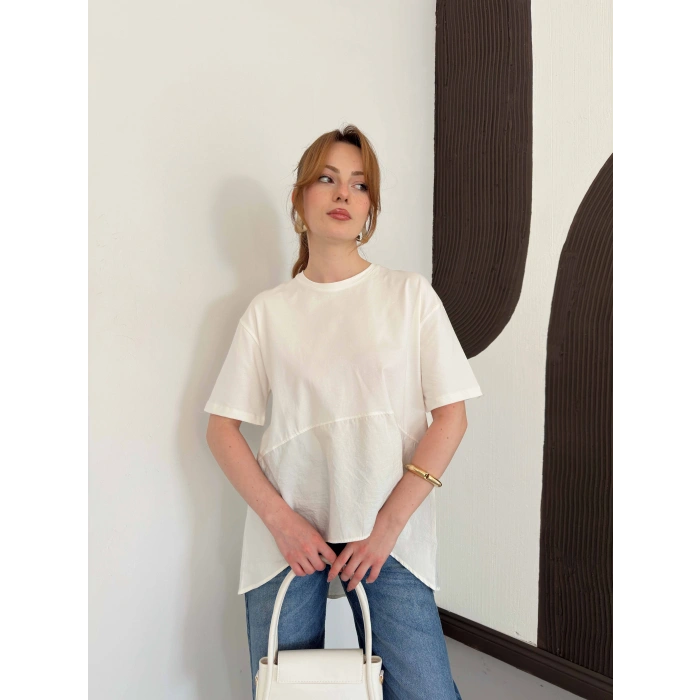 Modal Kumaş Garnili Asimetrik Oversize Tişört Ekru