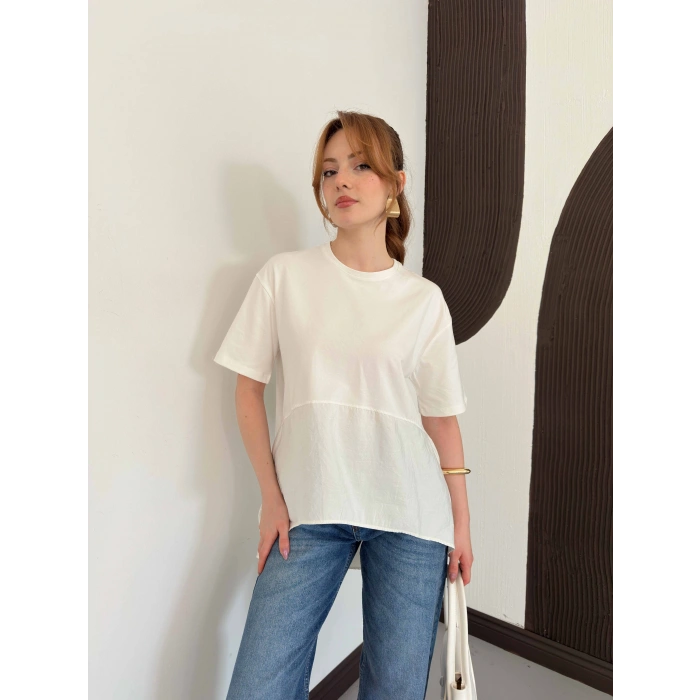 Modal Kumaş Garnili Asimetrik Oversize Tişört Ekru