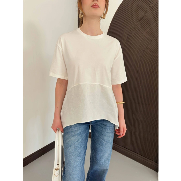 Modal Kumaş Garnili Asimetrik Oversize Tişört Ekru