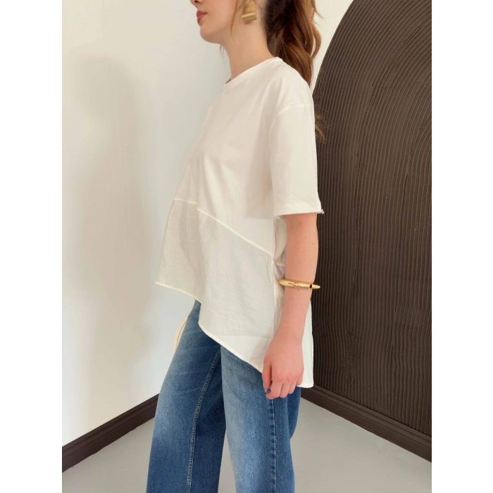 Modal Kumaş Garnili Asimetrik Oversize Tişört Ekru
