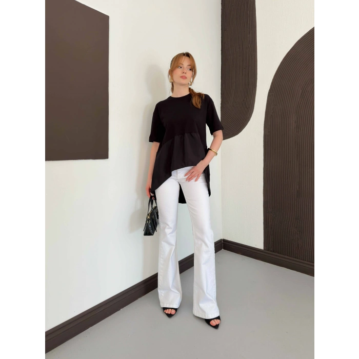 Modal Kumaş Garnili Asimetrik Oversize Tişört Siyah