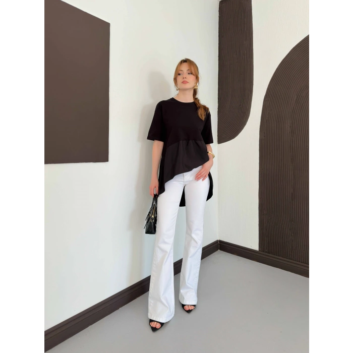 Modal Kumaş Garnili Asimetrik Oversize Tişört Siyah