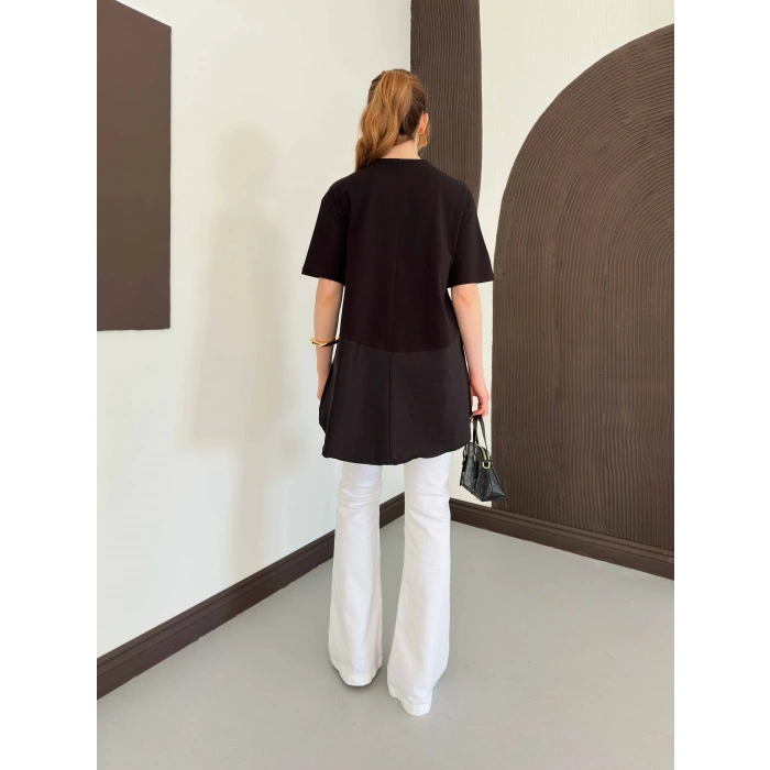 Modal Kumaş Garnili Asimetrik Oversize Tişört Siyah