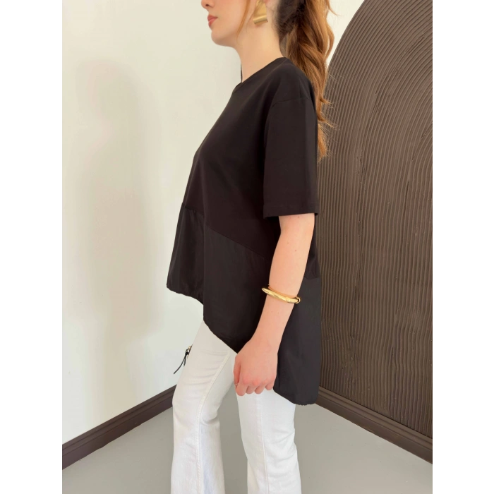 Modal Kumaş Garnili Asimetrik Oversize Tişört Siyah