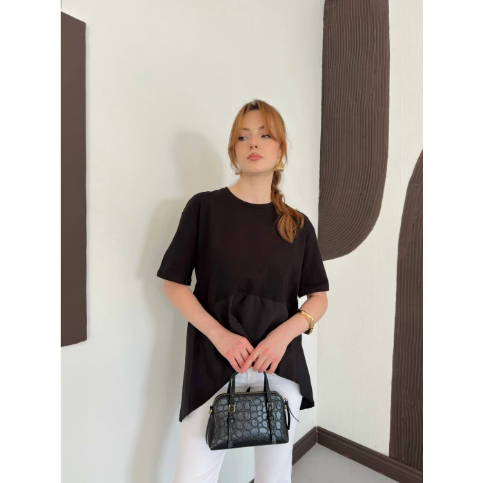 Modal Kumaş Garnili Asimetrik Oversize Tişört Siyah