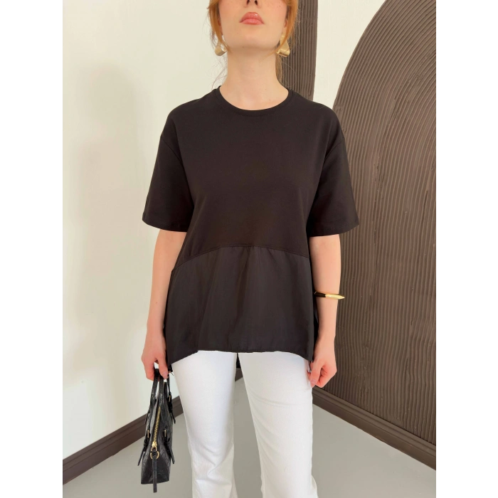 Modal Kumaş Garnili Asimetrik Oversize Tişört Siyah