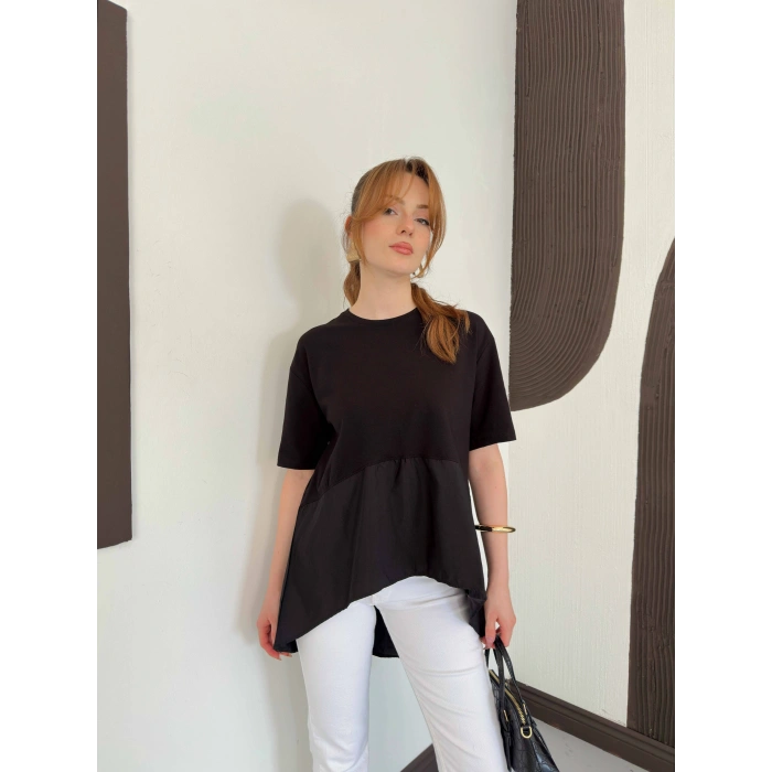 Modal Kumaş Garnili Asimetrik Oversize Tişört Siyah