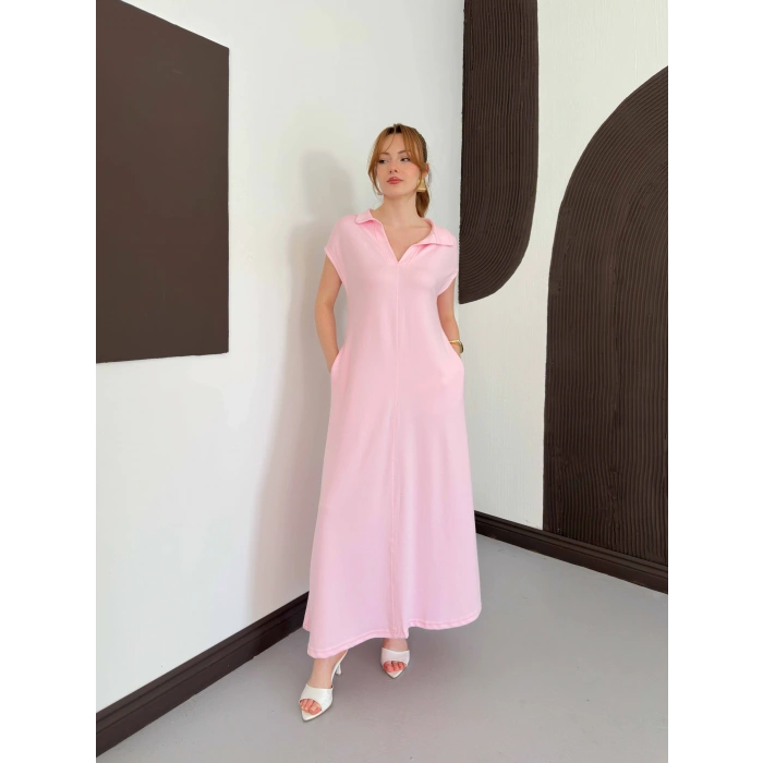 Pola Yaka Cepli Örme Elbise Pembe