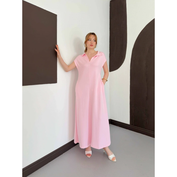 Pola Yaka Cepli Örme Elbise Pembe