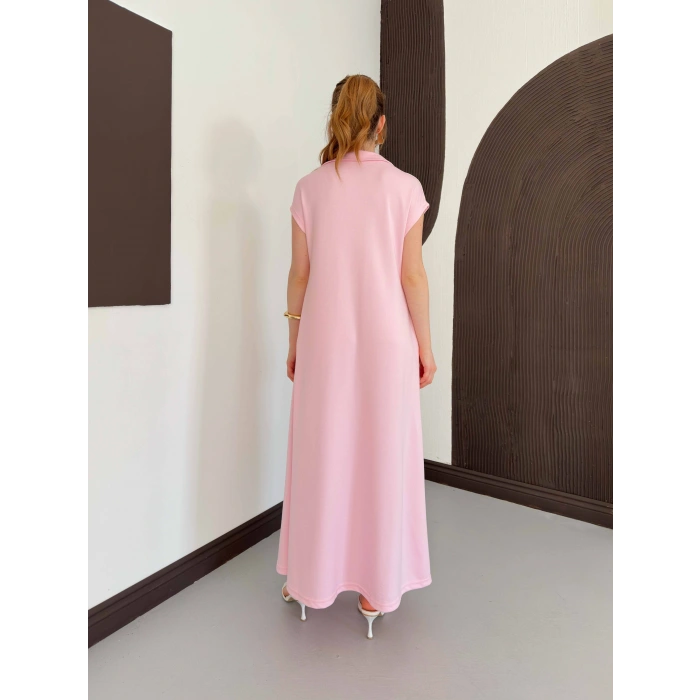 Pola Yaka Cepli Örme Elbise Pembe