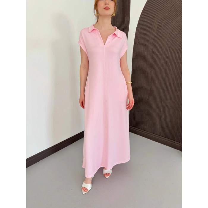 Pola Yaka Cepli Örme Elbise Pembe