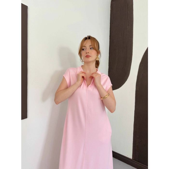 Pola Yaka Cepli Örme Elbise Pembe