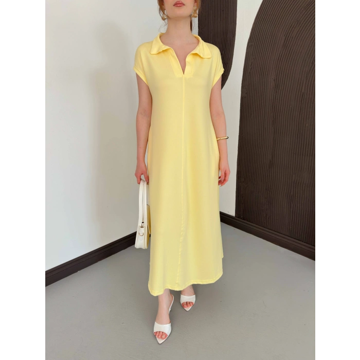 Pola Yaka Cepli Örme Elbise Sarı