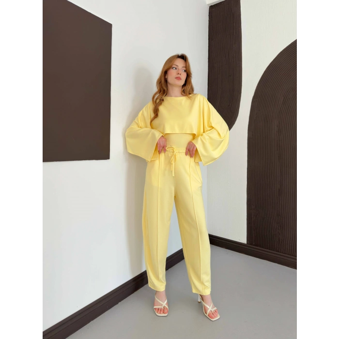 Pelerin Detaylı Bluz Bel Lastikli Pantolon Takım Sarı