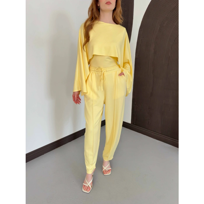 Pelerin Detaylı Bluz Bel Lastikli Pantolon Takım Sarı