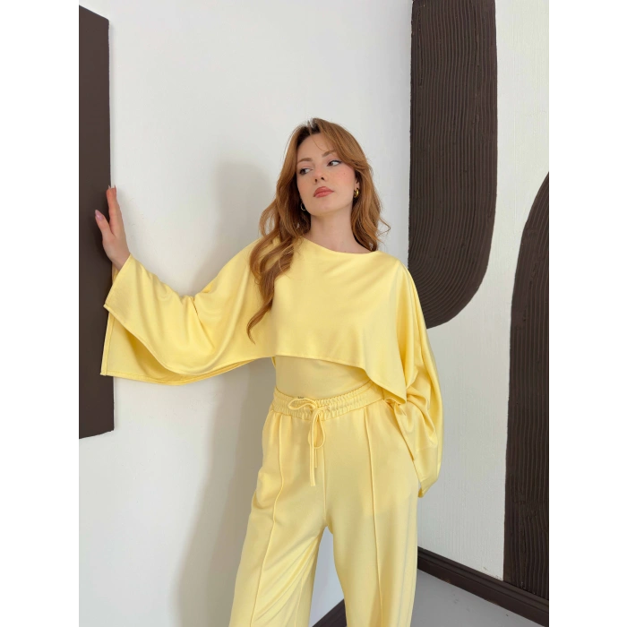 Pelerin Detaylı Bluz Bel Lastikli Pantolon Takım Sarı
