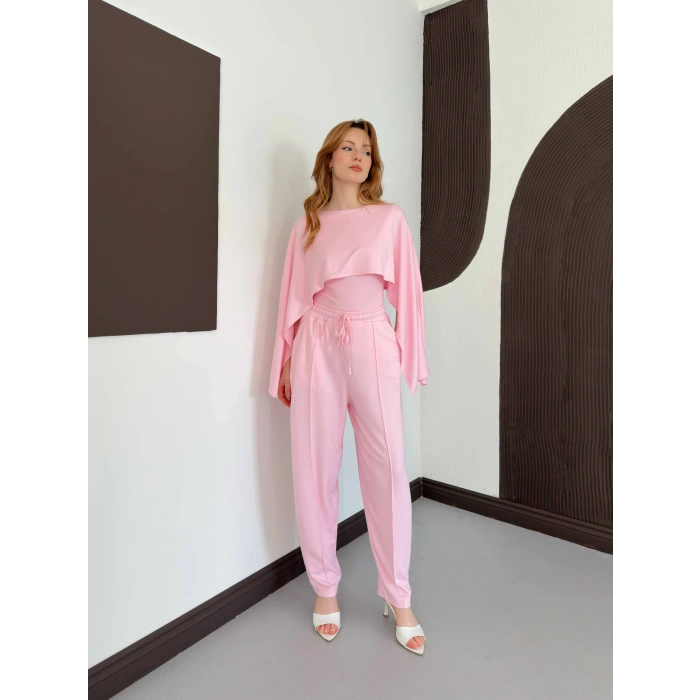 Pelerin Detaylı Bluz Bel Lastikli Pantolon Takım Pembe