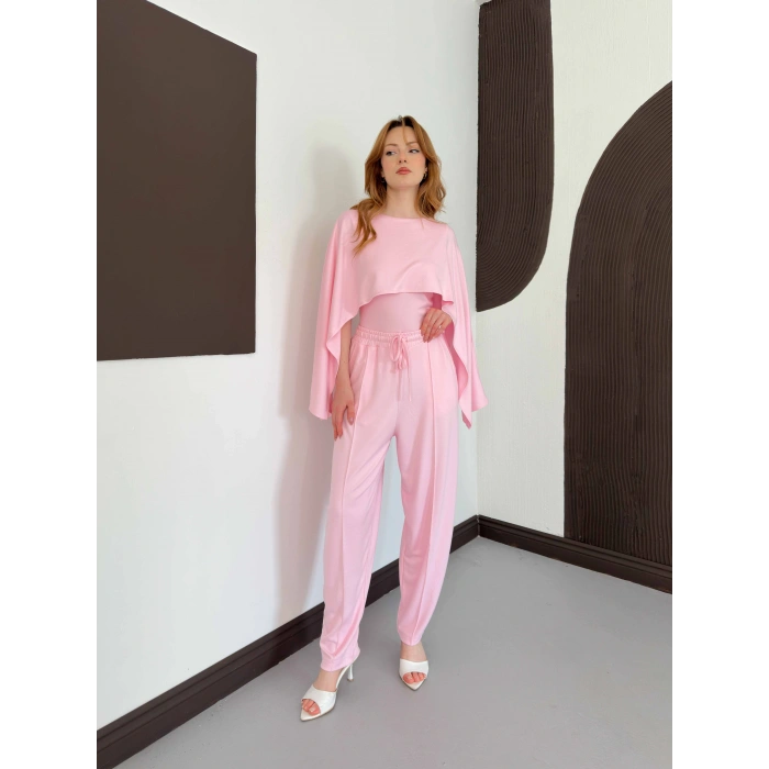 Pelerin Detaylı Bluz Bel Lastikli Pantolon Takım Pembe