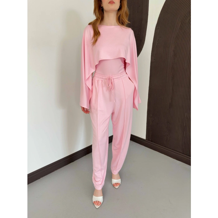 Pelerin Detaylı Bluz Bel Lastikli Pantolon Takım Pembe