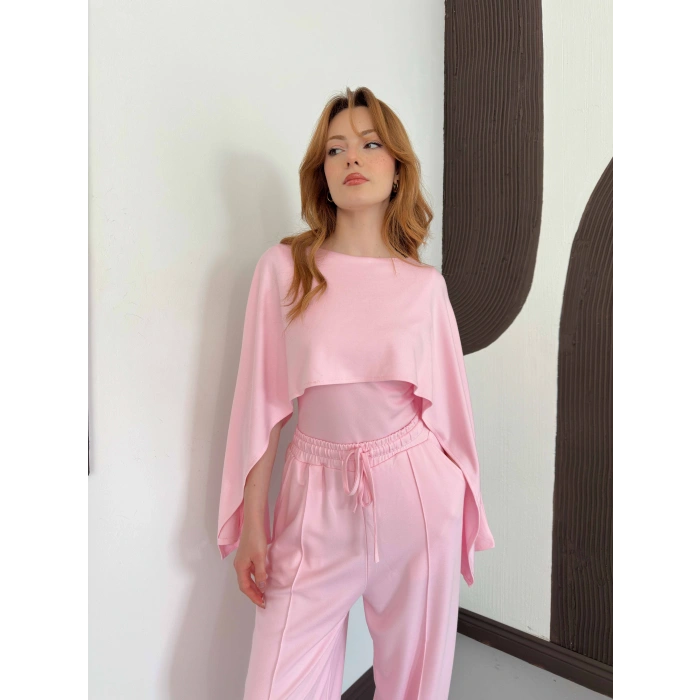 Pelerin Detaylı Bluz Bel Lastikli Pantolon Takım Pembe