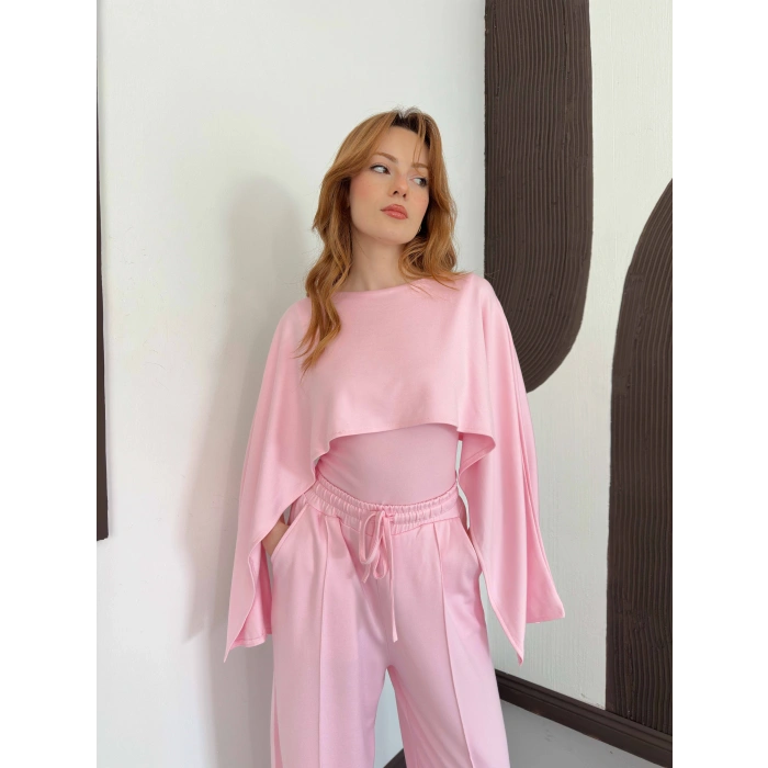 Pelerin Detaylı Bluz Bel Lastikli Pantolon Takım Pembe