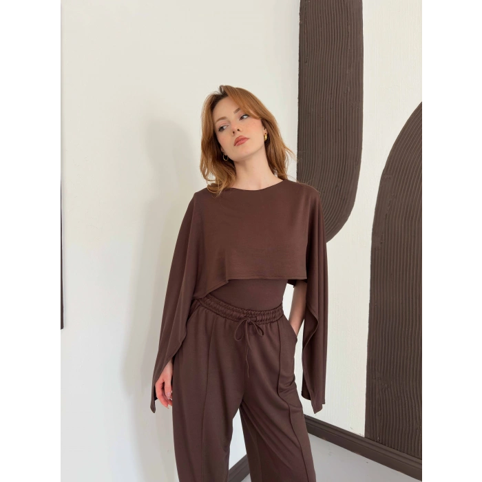 Pelerin Detaylı Bluz Bel Lastikli Pantolon Takım Kahve