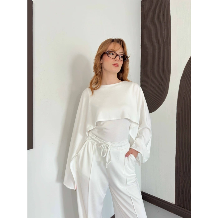 Pelerin Detaylı Bluz Bel Lastikli Pantolon Takım Beyaz
