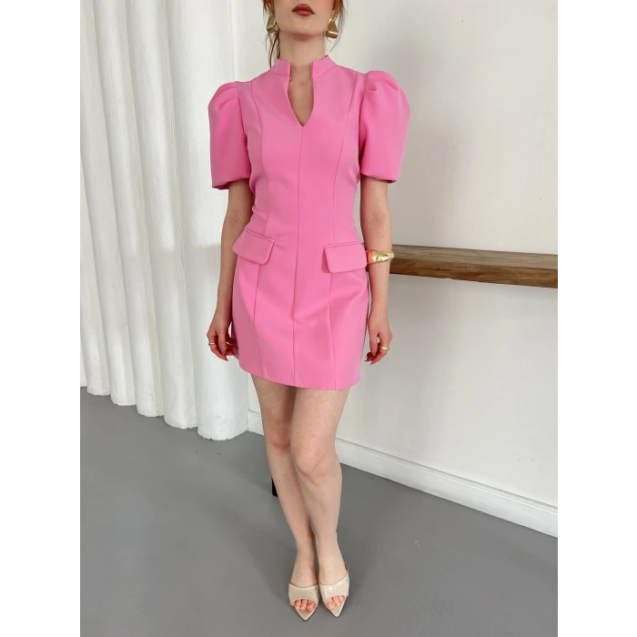 İçi Şortlu Balon Kol Double Kumaş Mini Elbise Pembe