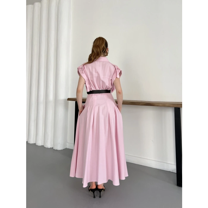 Ham Keten Kumaş Kemer Detaylı Gömlek Elbise Pembe