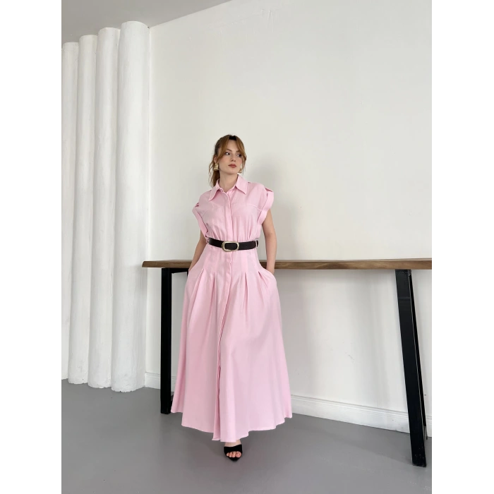 Ham Keten Kumaş Kemer Detaylı Gömlek Elbise Pembe