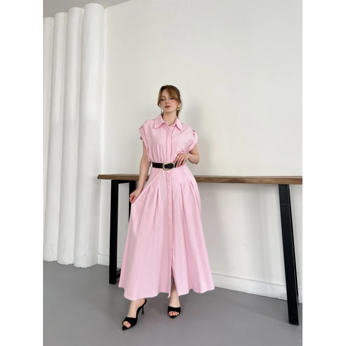 Ham Keten Kumaş Kemer Detaylı Gömlek Elbise Pembe