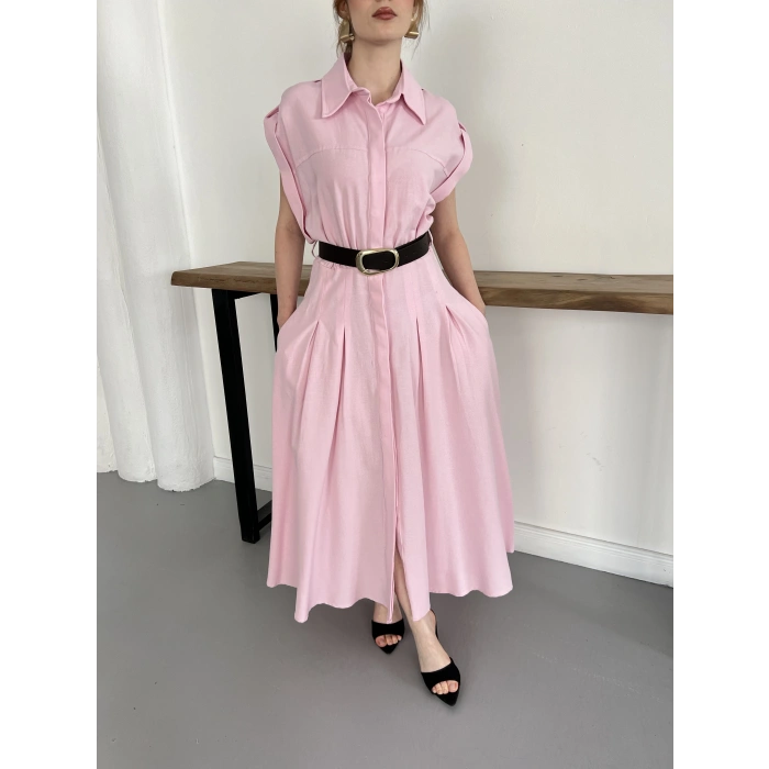 Ham Keten Kumaş Kemer Detaylı Gömlek Elbise Pembe