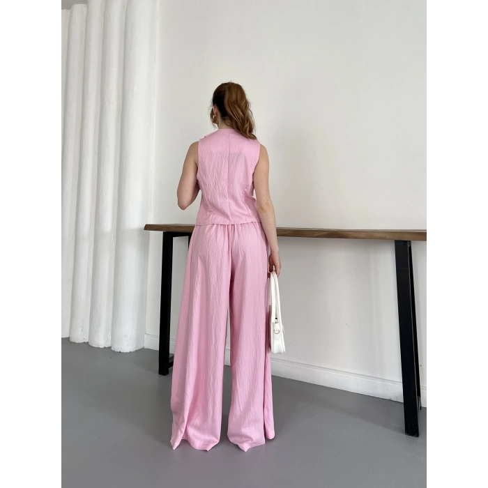 Yaka Detaylı Keten Kumaş Yelek-Pantolon Takım Pembe