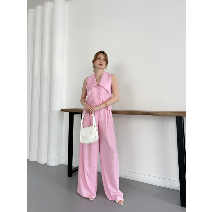 Yaka Detaylı Keten Kumaş Yelek-Pantolon Takım Pembe
