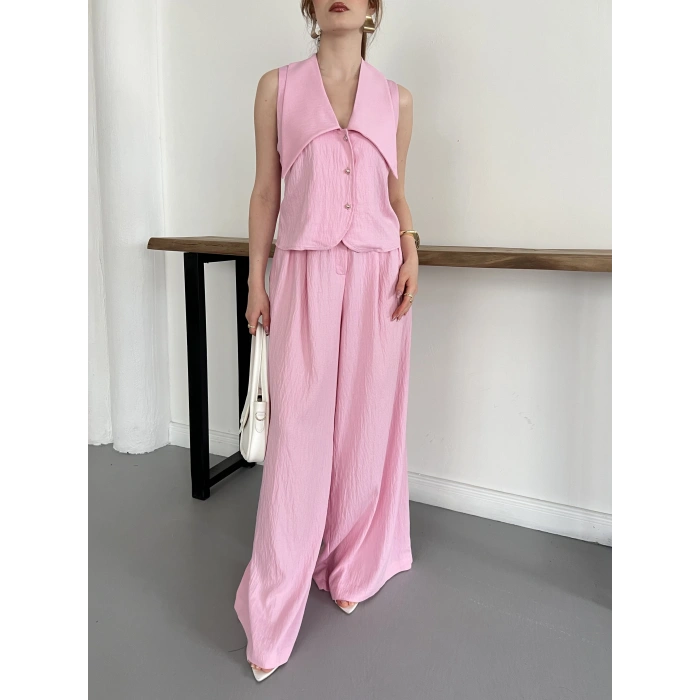 Yaka Detaylı Keten Kumaş Yelek-Pantolon Takım Pembe