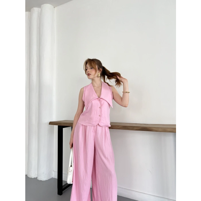 Yaka Detaylı Keten Kumaş Yelek-Pantolon Takım Pembe