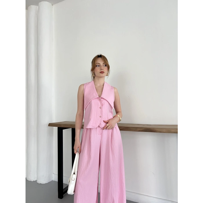 Yaka Detaylı Keten Kumaş Yelek-Pantolon Takım Pembe