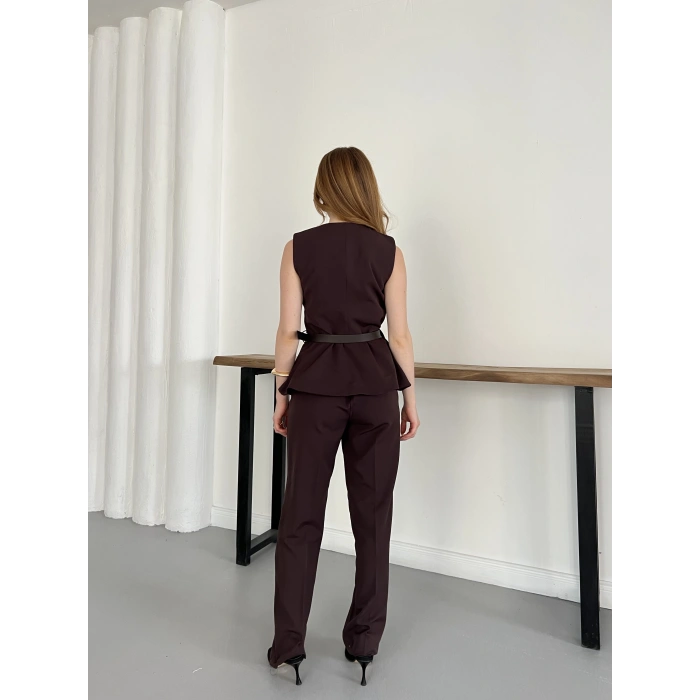 Double Kumaş Kemer Detaylı Yelek-Pantolon Takım Kahve