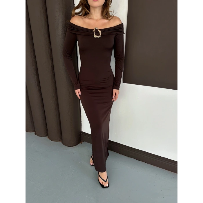 Aksesuar Detaylı Madonna Sandy Elbise Acı Kahve