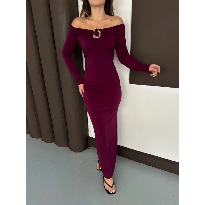 Aksesuar Detaylı Madonna Sandy Elbise Mürdüm