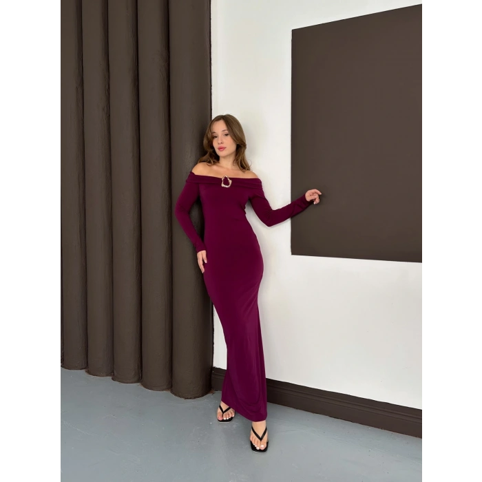 Aksesuar Detaylı Madonna Sandy Elbise Mürdüm