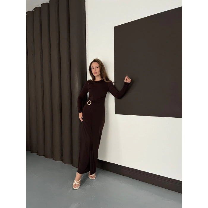 Aksesuar Detaylı Sandy Uzun Elbise Acı Kahve