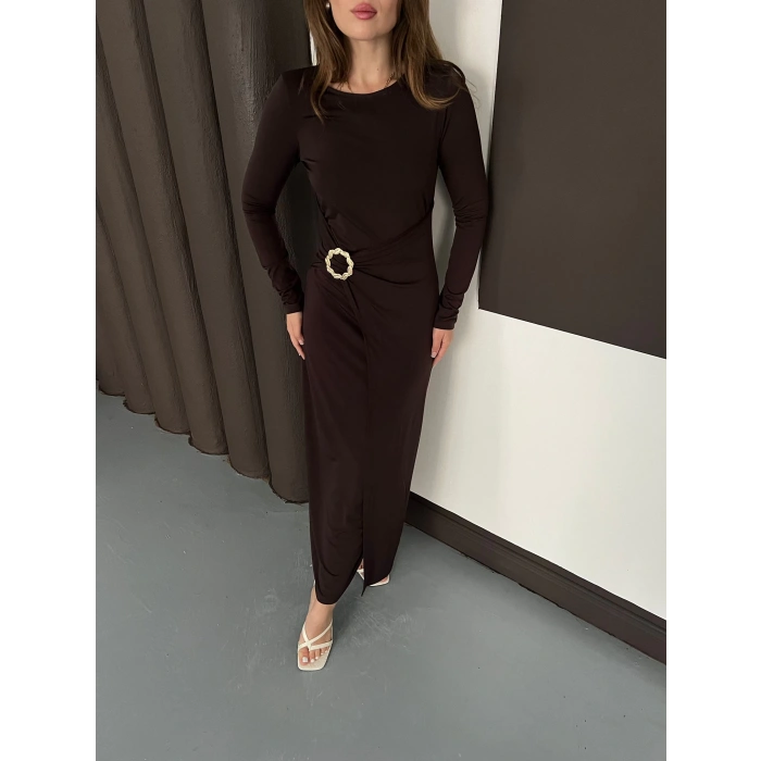 Aksesuar Detaylı Sandy Uzun Elbise Acı Kahve