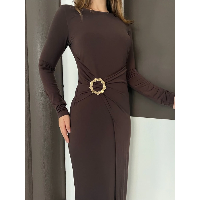 Aksesuar Detaylı Sandy Uzun Elbise Acı Kahve