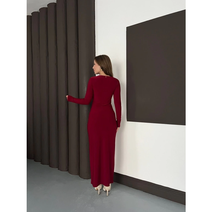 Aksesuar Detaylı Sandy Uzun Elbise Bordo