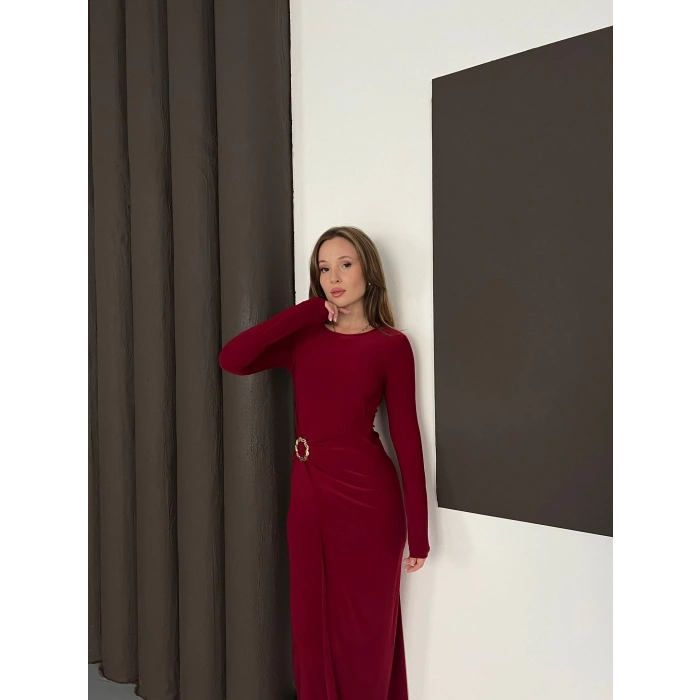 Aksesuar Detaylı Sandy Uzun Elbise Bordo