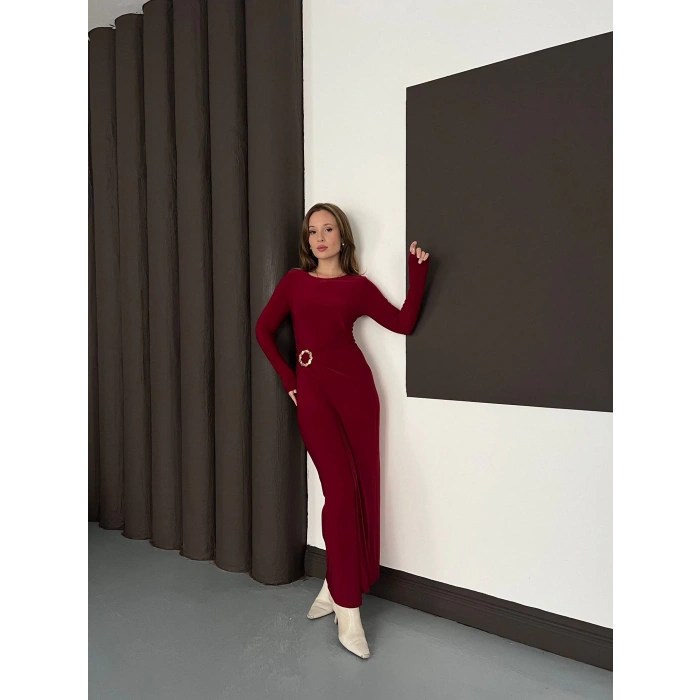 Aksesuar Detaylı Sandy Uzun Elbise Bordo