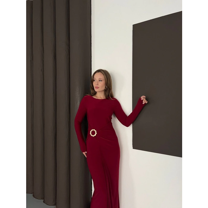 Aksesuar Detaylı Sandy Uzun Elbise Bordo