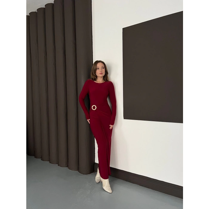 Aksesuar Detaylı Sandy Uzun Elbise Bordo