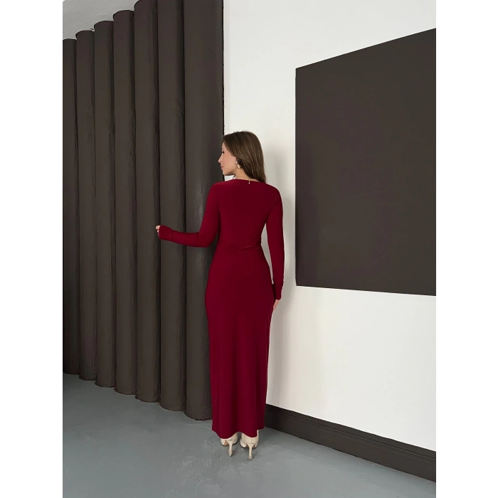 Aksesuar Detaylı Sandy Uzun Elbise Bordo